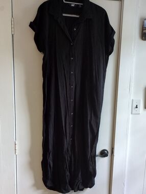 Lands' End Black Textured Button-Front Maxi Dress/Cover-up